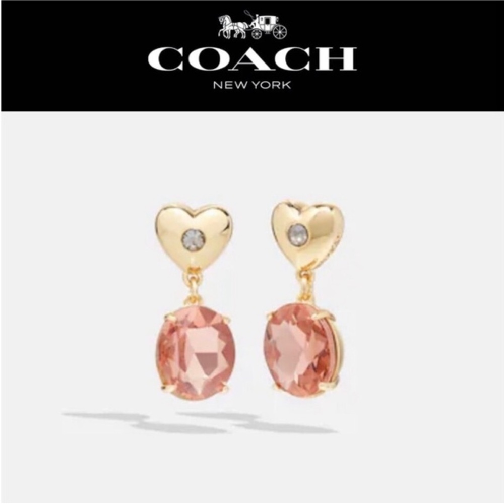 Coach Heart Stone Drop Earrings Pink Gold